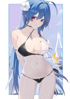1girl absurdres arms_behind_back azur_lane bikini blue_hair blue_nails blush breasts bridge cleavage cocktail_glass cowboy_shot criss-cross_halter cup drinking_glass drinking_straw flower groin hair_between_eyes hair_flower hair_ornament halterneck helena_(azur_lane) helena_(shimmering_triangle_wave)_(azur_lane) highres holding_own_arm jiuxiaocan_yin large_breasts leaning_to_the_side legs_apart long_hair looking_at_viewer looking_down medium_breasts multicolored_bikini nail_polish navel outdoors purple_eyes skin_tight smile solo swimsuit two-tone_bikini very_long_hair white_flower