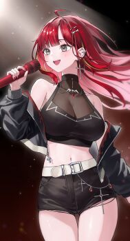 Rule 34 | 1girl, absurdres, akane lize, armpit crease, belt, black jacket, black shirt, black shorts, breasts, buckle, commentary, cowboy shot, crop top, cropped shirt, cross, cross earrings, dark background, earrings, elppi, floating hair, grey eyes, hair ornament, hairclip, hand up, highres, holding, holding microphone, jacket, jacket partially removed, jewelry, large breasts, long hair, microphone, midriff, mole, mole under eye, multicolored hair, navel, open mouth, red hair, see-through cleavage, see-through clothes, shirt, short shorts, shorts, sleeveless, sleeveless shirt, smile, solo, spotlight, standing, stellive, streaked hair, symbol-only commentary, thigh gap, torn clothes, torn shorts, virtual youtuber, white belt, wispy bangs