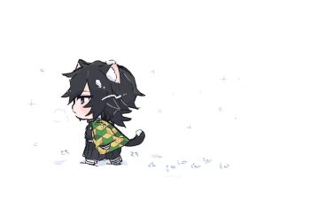1boy animal_ears belt black_hair black_jacket black_pants blue_eyes buttons cat_boy cat_ears chibi chibi_only demon_slayer_uniform footprints g_nyan_t gold_buttons haori high_collar highres jacket japanese_clothes kikkoumon kimetsu_no_yaiba long_hair low_ponytail male_focus pants ponytail print_haori profile simple_background snow solo spiked_hair tomioka_giyuu walking white_background white_belt
