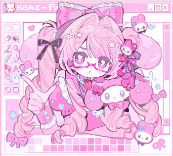 1girl :o beads blunt_bangs blush bow color_guide dot_nose eyelashes fingernails food frills fruit hair_bow hair_intakes hair_ornament jewelry looking_at_viewer nail_polish necklace original pink_bow pink_eyes pink_nails pink_theme renzhi00334233 ringlets semi-rimless_eyewear solo strawberry watermark