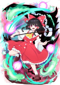 1girl absurdres ascot bow brown_hair brown_shoes commentary_request danmaku detached_sleeves frilled_bow frilled_hair_tubes frilled_skirt frills guminemi hair_bow hair_tubes hakurei_reimu highres leg_up long_hair otter otter_spirit_(touhou) paw_print paw_print_pattern red_bow red_eyes red_skirt ribbon-trimmed_sleeves ribbon_trim shoes skirt skirt_set socks solo star_(symbol) touhou white_socks wily_beast_and_weakest_creature yellow_ascot