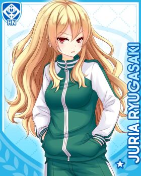 Rule 34 | 1girl, blonde hair, blue background, breasts, card (medium), character name, ear piercing, girlfriend (kari), green jacket, green pants, gym uniform, hands in pockets, jacket, long hair, looking at viewer, official art, pants, piercing, qp:flapper, red eyes, ryugasaki juria, solo, standing, track jacket, track suit, v-shaped eyebrows