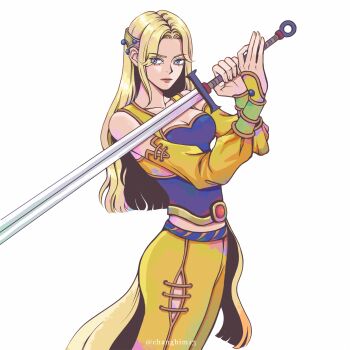 Rule 34 | 1girl, bare shoulders, blonde hair, blue eyes, blue shirt, breasts, cape, celes chere, changbim13, cleavage, collarbone, commentary, cowboy shot, cropped vest, detached sleeves, english commentary, final fantasy, final fantasy vi, hair ornament, highres, holding, holding sword, holding weapon, long hair, medium breasts, midriff, pants, parted bangs, shirt, solo, sword, vest, waist cape, weapon, white background, yellow cape, yellow pants, yellow sleeves, yellow vest