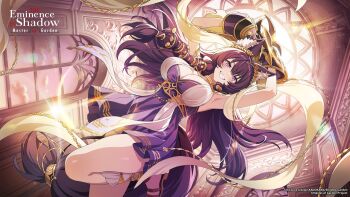 1girl animal_ear_fluff animal_ears armpits arms_up black_hair breasts cleavage commentary copyright_name delta_(kagejitsu) dress english_commentary facial_mark grin highres kage_no_jitsuryokusha_ni_naritakute! kage_no_jitsuryokusha_ni_naritakute!_master_of_garden large_breasts long_hair looking_at_viewer official_art purple_dress purple_eyes slit_pupils smile solo tail teeth very_long_hair wolf_ears wolf_girl wolf_tail