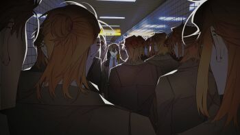 Rule 34 | 6+boys, androgynous, backlighting, black hair, ceiling, ceiling light, clone, collared shirt, commentary request, ear piercing, hair between eyes, half updo, hallway, heterochromia, highres, jacket, korean commentary, lapels, multiple boys, mzet, necktie, orange hair, original, piercing, shirt, subway, tile wall, tiles