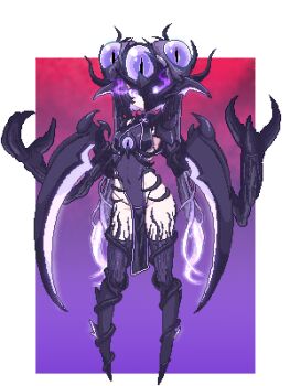 black_hair blue_heater_2 dreadscythe extra_arms extra_eyes eye_hair_ornament glowing glowing_eyes glowing_hair glowing_weapon hair_bun half_mask highres horns mask monster_girl no_feet no_hands non-web_source onatsurat pauldrons pixel_art purple_eyes spiked_pauldrons spikes twintails weapon wooden_arm