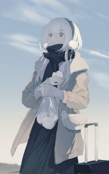 Rule 34 | 1girl, bag, black dress, black scarf, blunt bangs, briefcase, brown coat, closed mouth, cloud, cloudy sky, coat, cookie, day, dress, eating, food, grey eyes, grey hairband, grey sweater, hairband, handbag, highres, holding, holding bag, holding cookie, holding food, hood, hood down, long sleeves, looking ahead, original, outdoors, plastic bag, pom pom (clothes), scarf, shengdi yage, sidelocks, sky, solo, standing, sweater, white bag, white hair