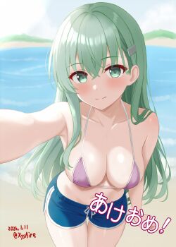 1girl akeome ame-san bikini blue_shorts blue_sky breasts cleavage cloud collarbone commentary_request dated day dolphin_shorts green_eyes green_hair happy_new_year highres kantai_collection large_breasts long_hair looking_at_viewer new_year outdoors purple_bikini selfie shorts sky solo suzuya_(kancolle) swimsuit twitter_username