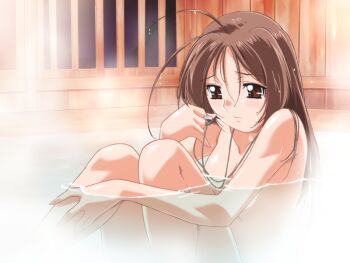 1girl ahoge antenna_hair bath bathing blush breasts brown_eyes brown_hair closed_mouth completely_nude convenient_arm convenient_censoring game_cg gan-chan_(artist) hair_between_eyes hitozuma_sentai_aisaiger holding hugging_own_legs indoors knees_up long_hair medium_breasts non-web_source nude official_art onsen ousaka_hikari partially_submerged red_eyes sitting solo steam variant_set water wet wet_hair whistle wooden_wall