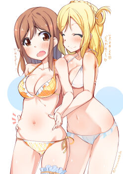 Rule 34 | 2girls, bikini, blonde hair, blush, breasts, brown eyes, brown hair, cleavage, closed eyes, cowboy shot, frilled thigh strap, kunikida hanamaru, kurozu, long hair, looking at another, love live!, love live! sunshine!!, medium breasts, multiple girls, ohara mari, simple background, swimsuit, thigh strap, twitter username, yuri