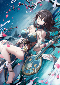1girl absurdres anklet bare_legs bare_shoulders barefoot black_hair blue_dress breasts brown_hair cherry_blossoms cleavage clothing_cutout detached_collar dress feet flower green_eyes hair_between_eyes highres holding holding_instrument honkai:_star_rail honkai_(series) instrument jewelry large_breasts legs long_hair looking_at_viewer lying navel navel_cutout on_back parted_lips petals ring ruan ruan_mei_(honkai:_star_rail) sitting solo thighs toes tongyu