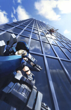 2girls 3d_background absurdres black_halo black_jacket blonde_hair blue_archive blue_halo blue_leotard blue_sky building bun_cover cloud day dual_wielding exoskeleton falling glass gun halo head-mounted_display highres holding holding_gun holding_weapon jacket leotard maid_headdress maruco_bokushi mecha motion_blur multiple_girls neru_(blue_archive) orange_hair outdoors robot rotary_cannon sig_mpx sky skyscraper submachine_gun toki_(abi-eshuh)_(blue_archive) toki_(blue_archive) weapon
