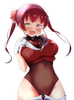 1girl absurdres ascot black_choker breasts choker cleavage covered_navel cropped_jacket frilled_choker frills heterochromia highres hololive houshou_marine houshou_marine_(1st_costume) jacket kuno_(kc9s) large_breasts leotard long_hair open_mouth red_ascot red_eyes red_hair red_jacket sleeveless sleeveless_jacket smile solo twintails virtual_youtuber yellow_eyes