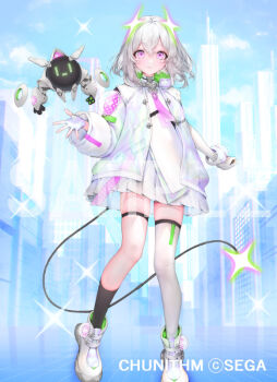 1girl asymmetrical_legwear black_border blue_sky border cable chunithm closed_mouth cloud commentary_request contrail day demon_tail diffraction_spikes fingerless_gloves floating full_body glint gloves hair_between_eyes halo jacket lens_flare letterboxed long_sleeves looking_at_viewer medium_hair official_art pillarboxed pink_eyes puffy_sleeves purple_eyes sega sencha_(senchat) shoes short_hair single_thighhigh skirt sky smile socks solo sparkle sparkle_background standing sun tail thigh_strap thighhighs uni_(chunithm) white_gloves white_hair white_jacket