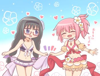 2girls :d ^_^ akemi_homura akemi_homura_(swimsuit_ver.) back_bow bare_arms bare_legs bare_shoulders bikini bikini_skirt black_hair black_hairband blue_background blue_flower blush bow bow_bikini bracelet braid breasts bubble_skirt chest_jewel child choker closed_eyes clothes_grab clothing_cutout commentary_request cowboy_shot detached_sleeves flat_chest floral_background flower flower_bikini frilled_bikini frilled_skirt frilled_sleeves frills front-tie_bikini_top front-tie_top gem glasses gradient_background hair_between_eyes hair_flower hair_ornament hair_ribbon hairband happy heart jewelry kaname_madoka kaname_madoka_(swimsuit_ver.) lace lace-trimmed_skirt lace_trim light_blush long_hair looking_at_another magia_record:_mahou_shoujo_madoka_magica_gaiden magical_girl mahou_shoujo_madoka_magica miniskirt multicolored_bikini multiple_girls navel necklace no_nose off-shoulder_bikini off_shoulder official_alternate_costume official_alternate_hairstyle open_mouth orange_bikini orange_skirt orange_sleeves pink_bikini pink_gem pink_hair ponytail puffy_short_sleeves puffy_sleeves purple_bikini purple_eyes purple_ribbon purple_skirt red-framed_eyewear red_bikini red_bow red_choker reverse_(bluefencer) ribbon see-through_clothes see-through_skirt see-through_sleeves semi-rimless_eyewear short_hair short_sleeves shoulder_cutout side_ponytail sidelocks simple_background skirt sleeve_bow small_breasts smile soul_gem spaghetti_strap standing stomach swimsuit twin_braids twintails under-rim_eyewear very_long_hair white_background white_bikini white_bow white_flower