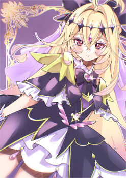 Rule 34 | 1girl, absurdres, antenna hair, arms at sides, black bow, black capelet, black dress, blonde hair, blush, bow, brooch, capelet, closed mouth, commentary request, cowboy shot, crossed bangs, cure arcana shadow, diamond hairband, dress, dutch angle, gradient hair, hair between eyes, hair bow, hair intakes, heart, heart brooch, highres, jewelry, layered dress, long hair, looking at viewer, meitantei precure!, moria luluka, multicolored hair, pink hair, precure, purple background, purple eyes, purple veil, saramowa, simple background, smile, solo, split mouth, standing, tearing up, veil