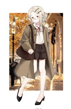 1girl autumn autumn_leaves bag black_shoes black_shorts blonde_hair border brown_bag brown_coat building closed_mouth coat colored_eyelashes full_body gakuen_idolmaster glasses gradient_hair grey_hair hair_bun hair_ornament hairclip hashtag-only_commentary high_heels highres idolmaster kabaxima_kin lamppost leaf looking_at_viewer medium_hair multicolored_hair neck_ribbon open_clothes open_coat orange_eyes outside_border parallel_hairclips parted_bangs photo_background red_ribbon ribbon road round_eyewear semi-rimless_eyewear shinosawa_hiro shirt shirt_tucked_in shoes shorts shoulder_bag solo street tree under-rim_eyewear white_border white_shirt