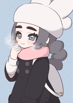 1girl absurdres ansha_(pokemon) backpack bag black_coat blue_eyes breath chiyuri_(hryx2477) closed_mouth coat commentary_request eyelashes hand_up happy hat highres long_hair long_sleeves nintendo pink_scarf pokemon pokemon_legends:_z-a scarf shirt smile solo upper_body white_bag white_hat white_shirt