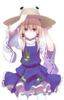 Rule 34 | 1girl, adjusting clothes, adjusting headwear, animal print, arms up, blonde hair, brown hat, closed mouth, colored eyelashes, commentary request, cowboy shot, crote, frilled skirt, frills, frog print, hair between eyes, hair ribbon, hat, highres, large variant set, legs apart, long sleeves, looking at viewer, medium hair, moriya suwako, orange eyes, petticoat, purple skirt, purple vest, raised eyebrows, ribbon, ribbon-trimmed sleeves, ribbon trim, shirt, sidelocks, skirt, solo, standing, tachi-e, thighhighs, touhou, transparent background, turtleneck, turtleneck shirt, variant set, vest, white shirt, white thighhighs, wide-eyed