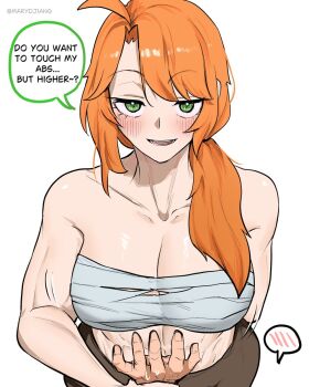 1boy 1girl alex_(minecraft) alternate_breast_size_(larger) alternate_costume breasts brown_pants chest_sarashi cleavage collarbone commentary english_commentary english_text hair_over_shoulder highres large_breasts long_hair looking_at_viewer marydjiang minecraft muscular muscular_female open_mouth orange_eyes pants pointy_ears pov sarashi smile solo_focus speech_bubble spoken_blush teeth tongue