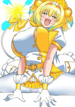 1girl aqua_eyes aqua_streaks beret blonde_hair bombergirl breasts dress hat highres komusou_(jinrikisha) large_breasts looking_at_viewer medium_hair open_mouth pantyhose pine_(bombergirl) skirt solo tail two_side_up vest white_dress white_pantyhose yellow_hat yellow_skirt yellow_vest