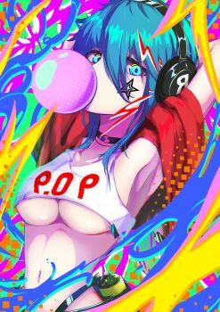 1girl absurdres armpits arms_behind_head black_choker blowing_bubble_gum blue_eyes blue_hair breasts character_request chewing_gum choker colorful_background commentary copyright_request crop_top hair_between_eyes headphones highres karan_koron100 long_bangs long_hair looking_at_viewer medium_breasts navel solo stomach underboob upper_body