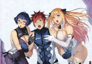 1boy 2girls :o absurdres artbook ass blue_hair bodysuit breast_press breasts breasts_squeezed_together cleavage elbow_gloves floating_hair garter_straps glasses gloves grabbing_from_behind hair_ribbon highres inui_asahi inui_honoka large_breasts lips long_hair looking_ahead looking_up multicolored_bodysuit multiple_girls non-web_source official_art open_mouth panties pink_eyes revealing_clothes ribbon scan see-through_clothes shatte_judevesten shiny_skin shoes short_hair sportswear super_robot_wars super_robot_wars_x-omega thighhighs thong two-tone_bodysuit underwear very_long_hair watanabe_wataru_(character_designer) white_panties wide_hips
