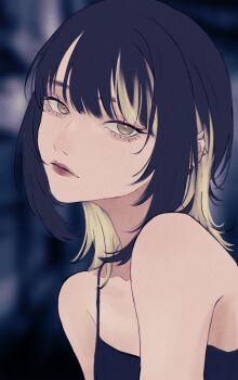 1girl aegyo_sal bare_shoulders black_camisole black_hair blonde_hair blurry blurry_background camisole collarbone commentary ear_piercing earrings highres idolmaster idolmaster_shiny_colors ikaruga_luca inase_(1na1000) jewelry lips looking_at_viewer looking_to_the_side multicolored_hair parted_lips piercing solo streaked_hair upper_body yellow_eyes