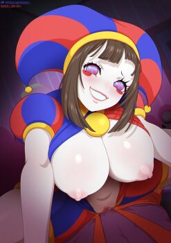 breasts brown_hair clown colored_skin huge_breasts jax_(the_amazing_digital_circus) neocoill pomni_(the_amazing_digital_circus) the_amazing_digital_circus unusual_pupils white_skin