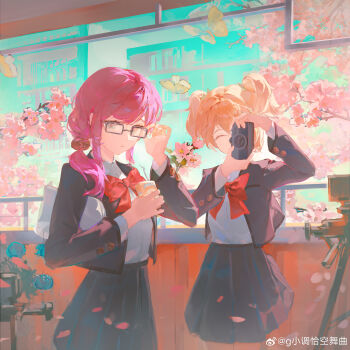 2girls ^_^ absurdres adjusting_eyewear bell black-framed_eyewear blonde_hair blue_flower bow bowtie bug building butterfly camera chaconne cherry_blossoms chinese_commentary closed_eyes closed_mouth commentary_request covered_mouth cowboy_shot daiba_nana day drink_carton drinking_straw falling_petals flower glasses green_eyes green_ribbon grey_jacket grey_skirt hair_bell hair_ornament hair_over_shoulder hair_ribbon hands_up highres holding holding_camera holding_juice_box hoshimi_junna indoors insect jacket jingle_bell juice_box long_hair long_sleeves looking_at_viewer low_side_ponytail miniskirt multiple_girls one_eye_covered open_clothes open_jacket petals pleated_skirt purple_hair red_bow red_bowtie ribbon school_uniform seishou_music_academy_uniform shirt_tucked_in short_hair shoujo_kageki_revue_starlight side_ponytail single-lens_reflex_camera skirt standing taking_picture watermark weibo_username weibo_watermark white_jacket window yellow_butterfly