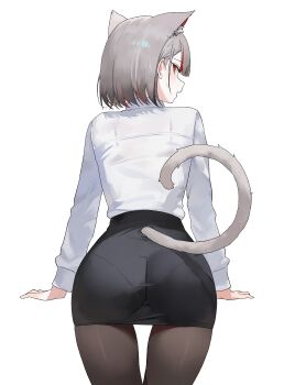 1girl absurdres animal_ear_fluff animal_ears ass black_pantyhose black_skirt cat_ears cat_girl cat_tail clothing_cutout commentary_request dress_shirt extra_ears from_behind grey_hair highres invisible_table korean_commentary long_sleeves looking_at_viewer miniskirt nbee_ya neneko_mashiro pantyhose pantylines pencil_skirt red_eyes red_streaks shirt shirt_tucked_in short_hair simple_background skindentation skirt solo stellive sweatdrop tail tail_through_clothes virtual_youtuber white_background white_shirt