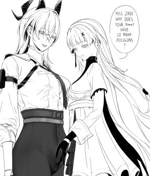 2girls absurdres back breasts button_gap censored censored_text chest_harness commentary curled_horns earrings english_text greyscale groping hair_ornament hand_on_another's_crotch harness high-waist_pants highres horns jewelry large_breasts long_hair medium_breasts monochrome multiple_girls necktie pants phoebe_(wuthering_waves) shirt_tucked_in sofi_(sefiiru) very_long_hair wuthering_waves x_hair_ornament yuri zani_(wuthering_waves)