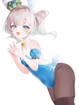 1girl animal_ears ass bare_shoulders blonde_hair blue_eyes blue_leotard blue_nails bow bowtie breasts cleavage commentary crown fish goldfish highres leotard looking_at_viewer marimari_(vtuber) mini_crown open_mouth orange_bow orange_bowtie pantyhose phase_connect playboy_bunny rabbit_ears rabbit_tail shirodaromaro short_eyebrows side_ponytail small_breasts smile tail thick_thighs thighs virtual_youtuber white_background
