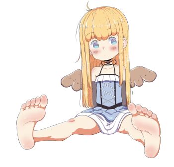 Rule 34 | 1girl, absurdres, barefoot, blonde hair, blue eyes, blush, feet, highres, leims (urje8584), long hair, original, soles, solo, spread legs, toes, white background