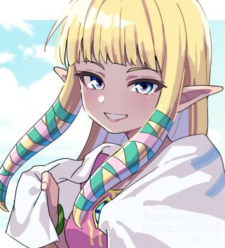 1girl blonde_hair blue_eyes dress grin highres long_hair looking_at_viewer nintendo pink_dress pointy_ears princess_zelda shawl shinae sidelocks smile solo the_legend_of_zelda the_legend_of_zelda:_skyward_sword upper_body white_shawl