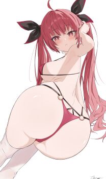 1girl absurdres adjusting_hair ahoge armpits ass azur_lane bikini black_ribbon breasts date_a_live hair_ribbon hand_up highres itsuka_kotori itsuka_kotori_(waterside_goddess) large_breasts long_hair looking_at_viewer o-ring o-ring_bikini official_alternate_costume pout red_bikini red_eyes red_hair ribbon signature simple_background solo swimsuit theme-_- thighhighs twintails white_background white_thighhighs