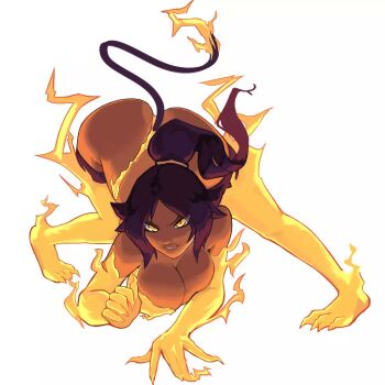 1girl 2022 all_fours alternate_form ass bare_shoulders bleach bleach:_sennen_kessen-hen breasts claw_(weapon) cleavage clenched_hand commentary commission dark-skinned_female dark_skin electricity electrokinesis english_commentary feet female_focus full_body grin large_breasts legs_apart long_hair looking_at_viewer oppaiartstudio parted_bangs ponytail purple_hair scrunchie shihouin_yoruichi simple_background slit_pupils smile solo tail toes weapon yellow_eyes yellow_scrunchie