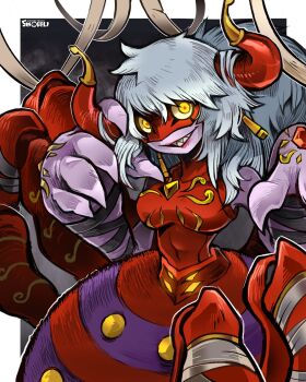 1girl arachne archnemon arthropod_girl arthropod_limbs breasts digimon digimon_(creature) grey_hair highres horns insect_girl large_breasts long_hair looking_at_viewer monster_girl sharp_teeth signature sinobali smile spider_girl taur teeth yellow_eyes