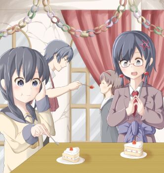 Rule 34 | 1boy, 3girls, artist request, black hair, blue eyes, brown hair, cake, corpse party, dress, closed eyes, food, fork, glasses, hair ornament, hairband, happy, highres, kizami yuuya, long hair, low twintails, mochida yuka, multiple girls, open mouth, saenoki naho, school uniform, shinozaki ayumi, short hair, smile, star (symbol), star hair ornament, twintails