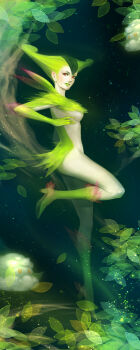 10s 1girl cottonee female_focus gen_5_pokemon green_hair highres kabu_kabu legendary_pokemon nintendo personification pokemon pokemon_(creature) pokemon_bw red_eyes solo virizion