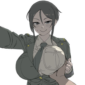 1boy 1girl black_eyes black_hair blush breasts chouno_ami girls_und_panzer grabbing_another&#039;s_breast green_jacket groping highres jacket japan_self-defense_force large_breasts military military_uniform necktie onsen_tamago_(hs_egg) pov shirt short_hair simple_background smile solo standing sweat upper_body white_background white_shirt