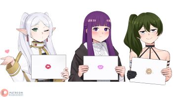 Rule 34 | 3girls, absurdres, belt, black belt, black gloves, blunt bangs, blush, capelet, closed mouth, collarbone, commentary, dismaiden, dress, earrings, elf, english commentary, fern (sousou no frieren), frieren, gloves, green eyes, green hair, grey hair, hair between eyes, hands up, heart, highres, jewelry, lipstick mark, long hair, long sleeves, looking at viewer, multiple girls, one eye closed, parted bangs, patreon logo, pointy ears, pout, purple eyes, purple hair, purple pupils, shirt, side ponytail, simple background, single glove, smile, sousou no frieren, striped clothes, striped shirt, thick eyebrows, twintails, twitter username, ubel (sousou no frieren), upper body, v-shaped eyebrows, white background, white capelet, white dress