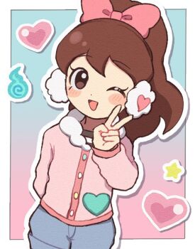 1girl 4n_ud alternate_costume blue_background bow brown_eyes brown_hair commentary_request gradient_background hair_bow heart jacket kodama_fumika long_hair looking_at_viewer one_eye_closed outline pink_background pink_bow pink_jacket pointy_ears short_shorts shorts solo star_(symbol) v white_outline youkai_watch