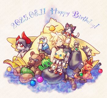 1boy aerith_gainsborough animalization armor baggy_pants barret_wallace black_gloves black_pants blonde_hair boots brown_boots buster_sword cait_sith_(final_fantasy) cape character_doll chocobo cid_highwind closed_eyes cloud_strife crown dated doll fat_chocobo final_fantasy final_fantasy_vii finger_to_mouth gloves happy_birthday highres materia mini_crown pants parted_lips pauldrons red_cape red_xiii rukashio sabotender short_hair shoulder_armor single_bare_shoulder single_pauldron sleeping sleeveless sleeveless_turtleneck spiked_hair stuffed_animal stuffed_toy sunglasses suspenders teddy_bear tifa_lockhart turtleneck tuxedo_cat vincent_valentine white_gloves yuffie_kisaragi zack_fair