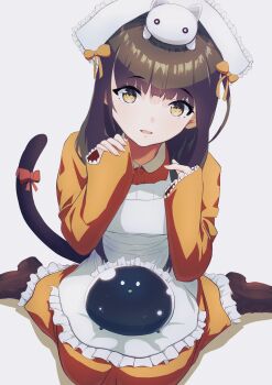 1girl :d absurdres alternate_costume animal animal_on_head apron asakura_karen_(heaven_burns_red) blunt_bangs boots bow brown_boots brown_hair cat cat_on_head cat_tail commentary_request dress enmaided eyes_visible_through_hair frilled_apron frilled_dress frilled_sleeves frills full_body hair_bow hands_up heaven_burns_red highres long_dress long_hair looking_at_viewer maid maid_apron maid_headdress narby_(heaven_burns_red) on_head open_mouth orange_bow orange_dress raimuminnt red_bow simple_background sitting sleeves_past_wrists smile solo tail tail_bow tail_ornament tail_raised wariza white_apron white_background white_cat wide_sleeves yellow_eyes