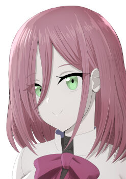 1girl absurdres arm_at_side assault_lily black_shirt bow bowtie closed_mouth commentary_request green_eyes hair_behind_ear hair_between_eyes hatsukano_yo herensuge_girls_academy_school_uniform highres jacket long_bangs medium_hair portrait red_bow red_bowtie red_hair school_uniform shirt simple_background smile solo white_background white_jacket yadoo