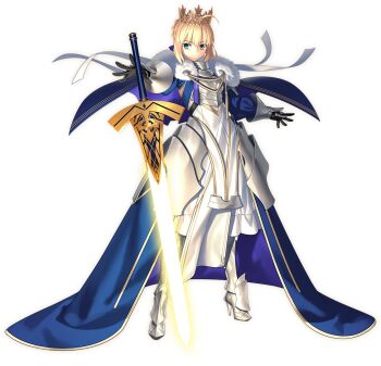 1girl ahoge armor armored_boots armored_dress artoria_pendragon_(fate) blonde_hair boots braid bun_with_braided_base cape clothing_cutout crown dress fate/grand_order fate_(series) full_body fur-trimmed_cape fur_trim gauntlets green_eyes hair_bun hair_ribbon lord_logres_(fate) lord_logres_(third_ascension)_(fate) official_art outline ribbon second-party_source smile solo standing sword takeuchi_takashi transparent_background weapon white_outline