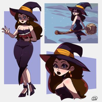 1girl bare_shoulders blue_eyes breasts broom broom_riding brown_hair cleavage dress hat high_heels highres lips long_hair looking_at_viewer mario_(series) night night_sky nintendo pauline_(mario) sky sleeveless sushiburgerrr witch_hat