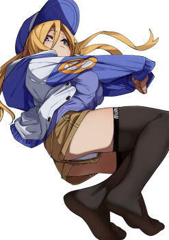1girl black_thighhighs blonde_hair blue_eyes blue_hat blue_jacket blue_shirt breasts closed_mouth commentary_request fu-ta hair_between_eyes hat highres jacket long_hair long_sleeves looking_at_viewer medium_breasts original panties pantyshot shirt shorts simple_background solo ta-cchan_(fu-ta) thighhighs underwear white_background white_panties yellow_shorts