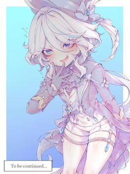 1girl :d black_gloves blue_background blue_eyes blue_hair blue_hat fang furina_(genshin_impact) genshin_impact gloves gradient_background hair_between_eyes hat heterochromia kupa_(jesterwii) long_hair long_sleeves multicolored_hair open_mouth skin_fang smile solo standing thighs to_be_continued two-tone_hair white_hair